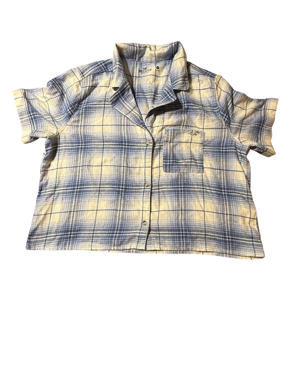 Hollister Plaid Cropped Button Up Shirt Medium M Blue Cream Boxy Short Sleeve